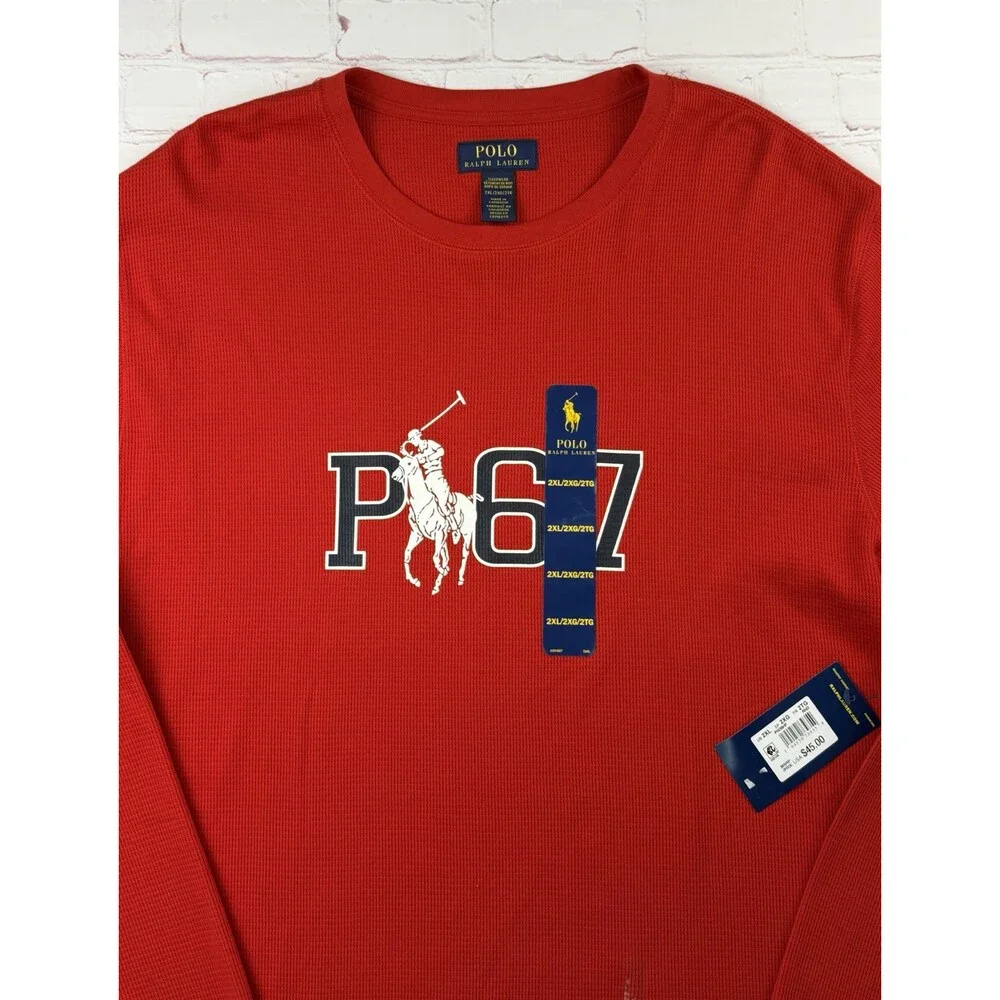 Polo Ralph Lauren Red Sleep Shirt P67 Pony Logo Waffle Knit Crew Mens 2XL NEW